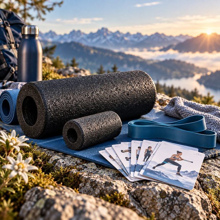 Faszienrollen, Fitnessband und Trainingskarten in alpiner Landschaft.