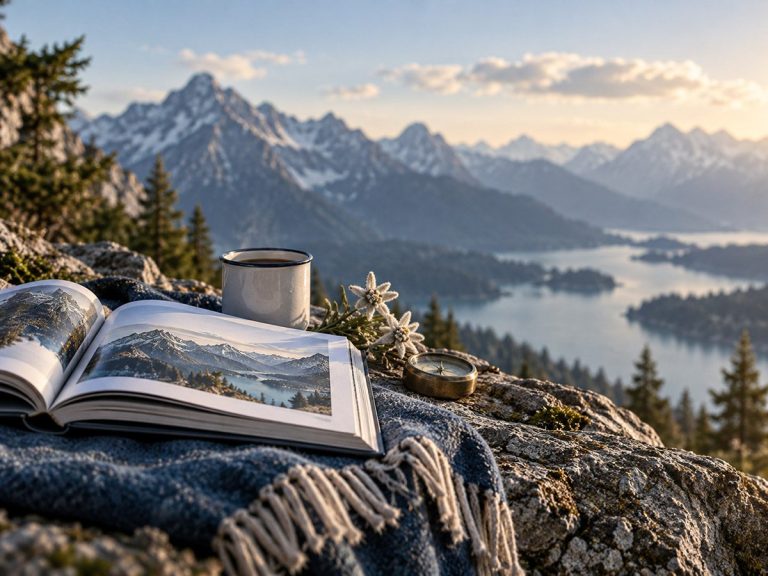 Offenes Buch mit Tasse und Kompass vor weiter alpiner Berg- und Seenlandschaft.