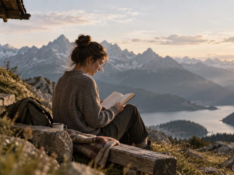 Frau liest ein Buch mit Blick auf eine alpine Berg- und Seenlandschaft.