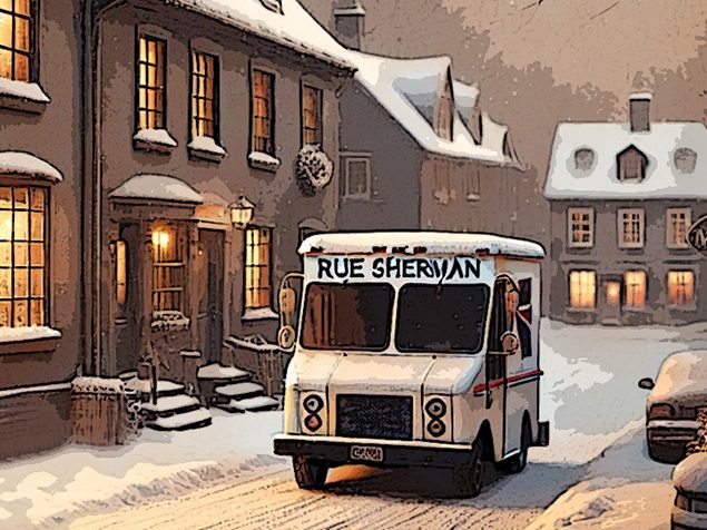 Illustration eines Postwagens auf einer verschneiten Straße, umgeben von beleuchteten Häusern in winterlicher Abendstimmung.