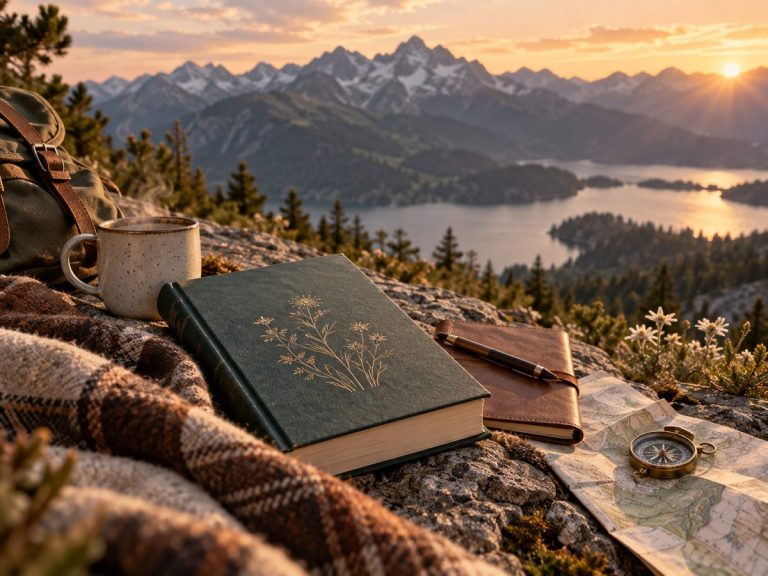 Buch und Reiseutensilien auf einem Felsen mit Blick auf Berge und See bei Sonnenuntergang.