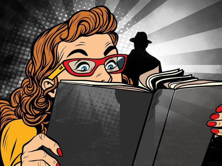 Pop-Art-Illustration einer Frau mit roter Brille, die gebannt in ein Buch schaut, im Hintergrund eine Silhouette mit Hut und Mantel