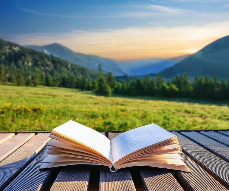 Buch in alpiner Landschaft Offenes Buch auf einer Holzbank mit Blick auf eine Berglandschaft im Sonnenuntergang.