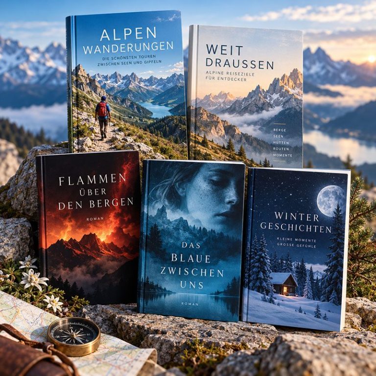 Ausgewählte Romane, Reise- und Wanderbücher vor alpiner Bergkulisse.