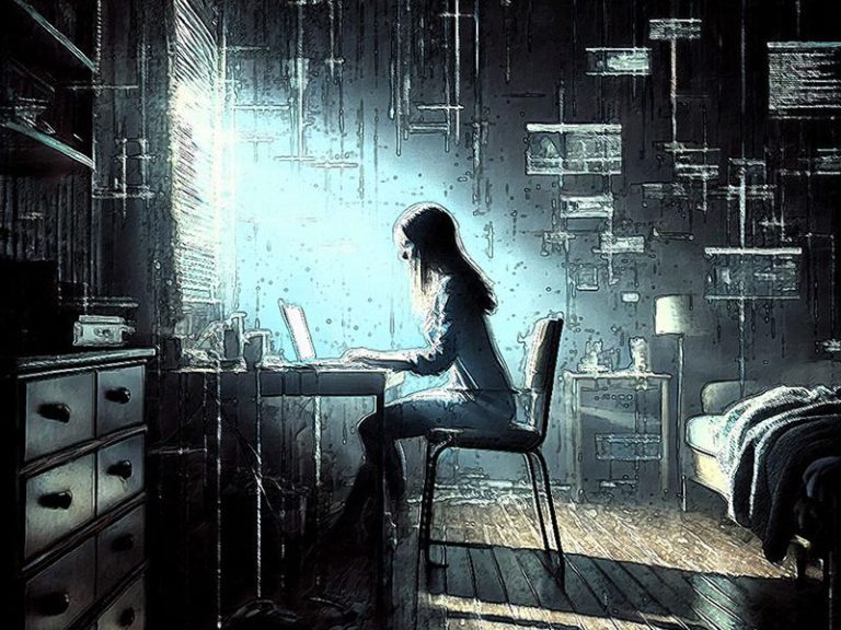 Illustration einer jungen Frau, die in einem schummrigen Raum an einem Laptop sitzt, umgeben von digital wirkenden Elementen an den Wänden.